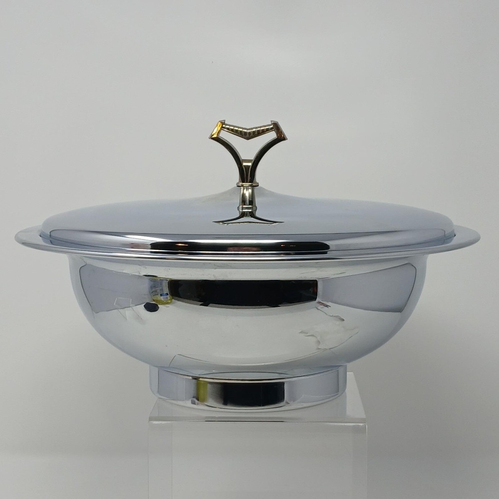 Vtg Kromex Chrome Silver Tone Round Lidded Party Serving Dish  1960s Made In USA